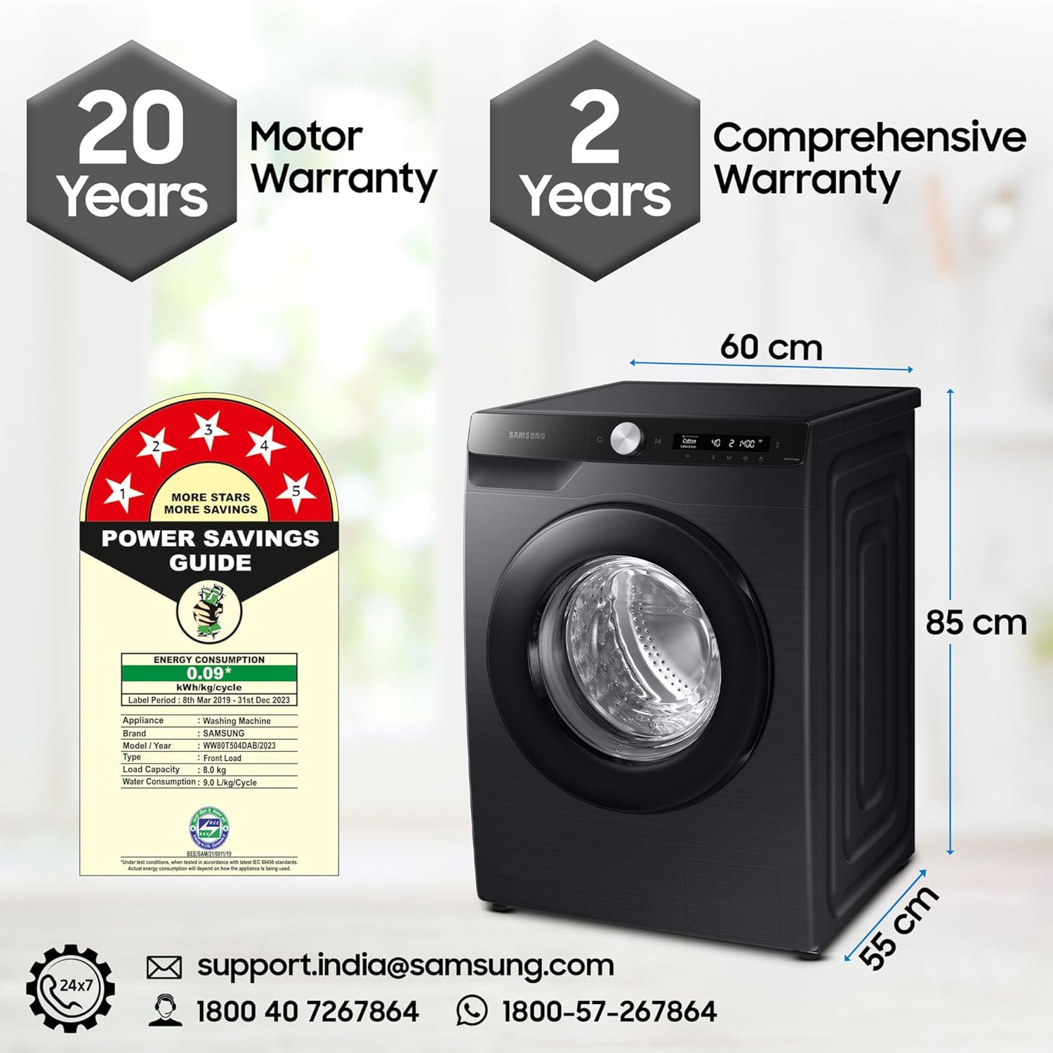 Samsung 8 kg 5 star Eco Bubble Technology AI Control Wi-Fi Fully-Automatic Front Load Washing Machine WW80T504DAB1TL Hygiene Steam Black Caviar Awarded as Washing Machine Brand of the year