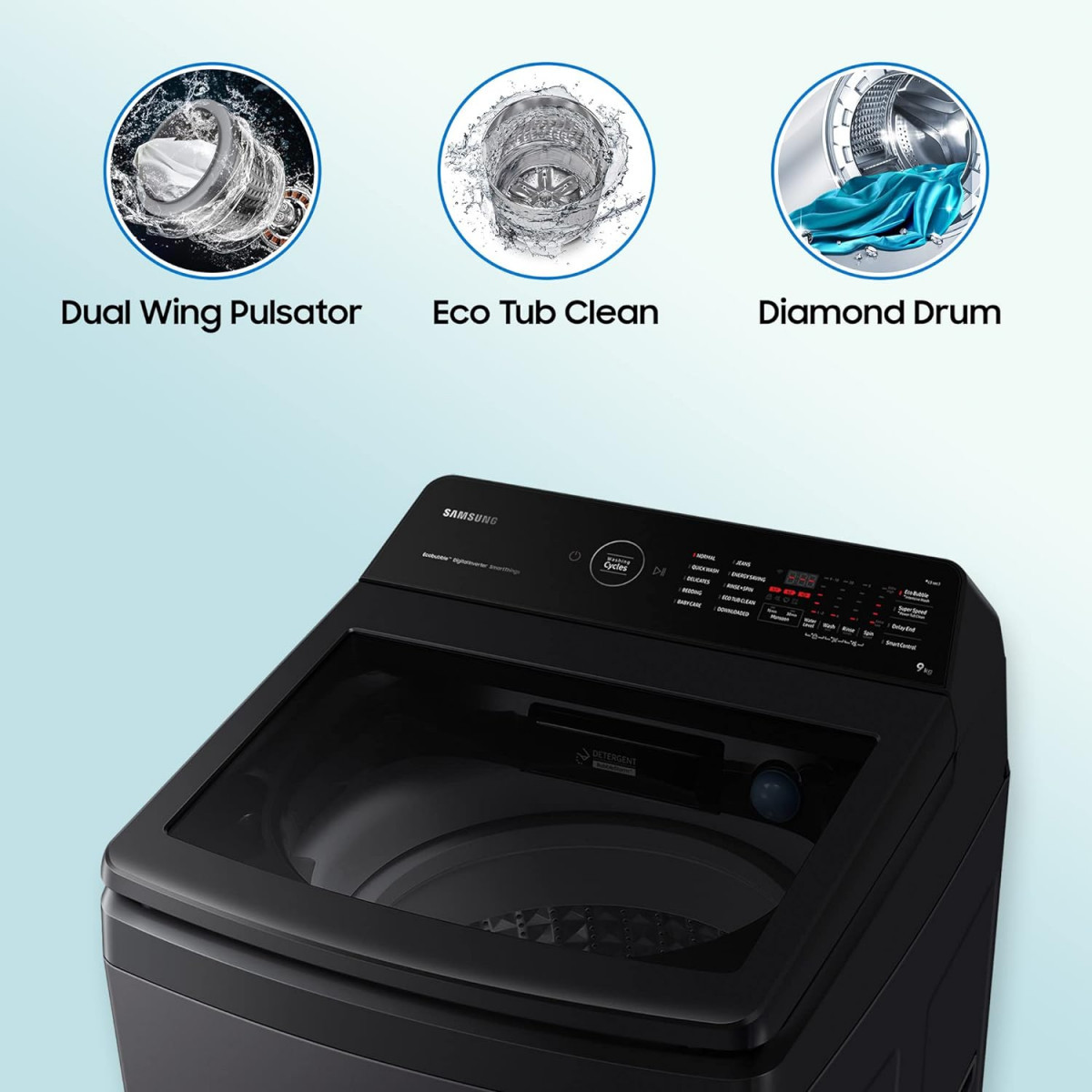 Samsung 9 Kg 5 Star Eco Bubble Technology With Super Speed Wi-Fi Digital Inverter Motor Dual Storm Fully-Automatic Top Load Washing Machine WA90BG4546BVTL Black Caviar