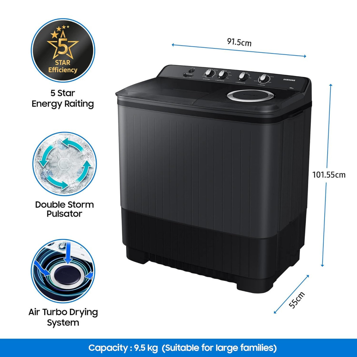 Samsung 95 Kg 5 Star Top Load Semi-Automatic Washing Machine WT95A4260GDTL Air Turbo Drying Dark Gray