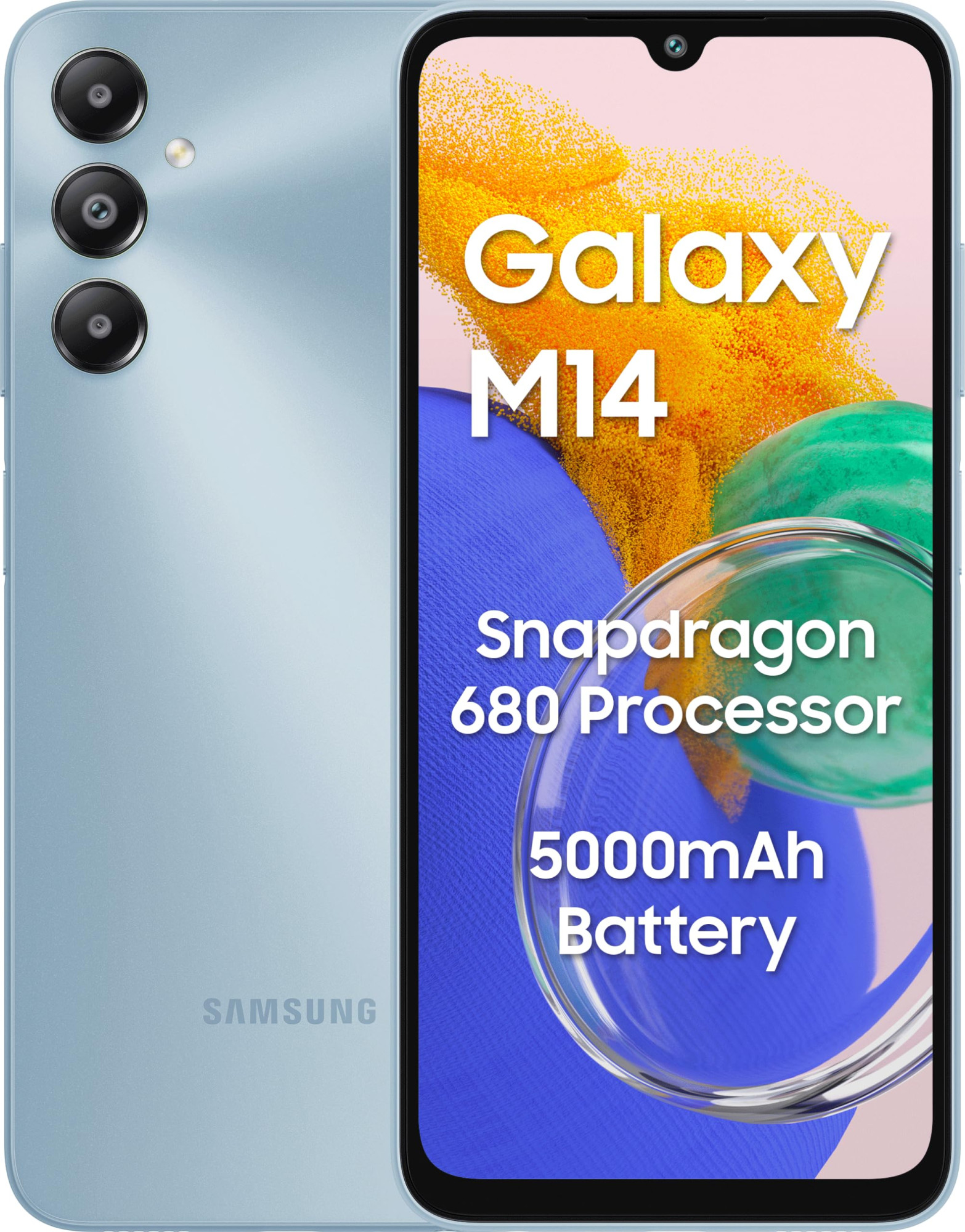 Samsung Galaxy M14 4G Arctic Blue4GB64GB  50MP Triple Cam  5000mAh Battery  Snapdragon 680 Processor  2 Gen OS Upgrade  4 Year Security Update  8GB RAM with RAM Plus  Without Charger