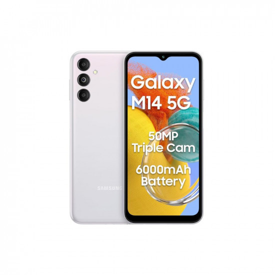 Samsung Galaxy M14 5G ICY Silver6GB128GB50MP Triple CamSegment039s Only 6000 mAh 5G SP5nm Processor2 Gen OS Upgrade  4 Year Security Update12GB RAM with RAM PlusAndroid 13Without Charger