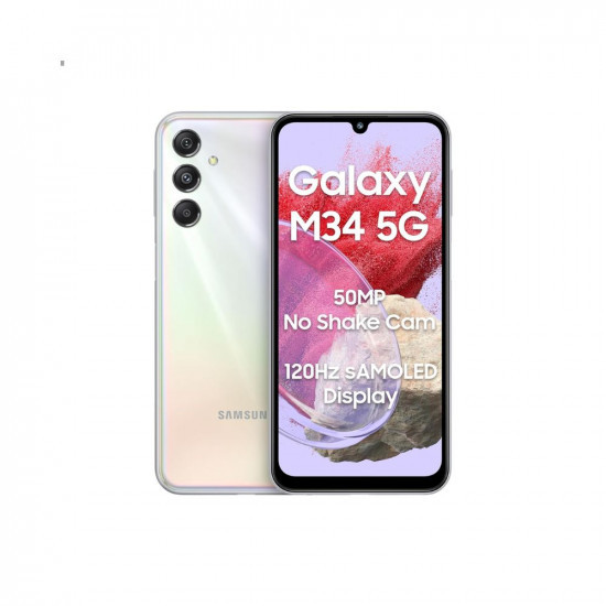Samsung Galaxy M34 5G Prism Silver6GB128GB120Hz sAMOLED Display50MP Triple No Shake Cam6000 mAh Battery4 Gen OS Upgrade  5 Year Security Update12GB RAM with RAMAndroid 13Without Charger