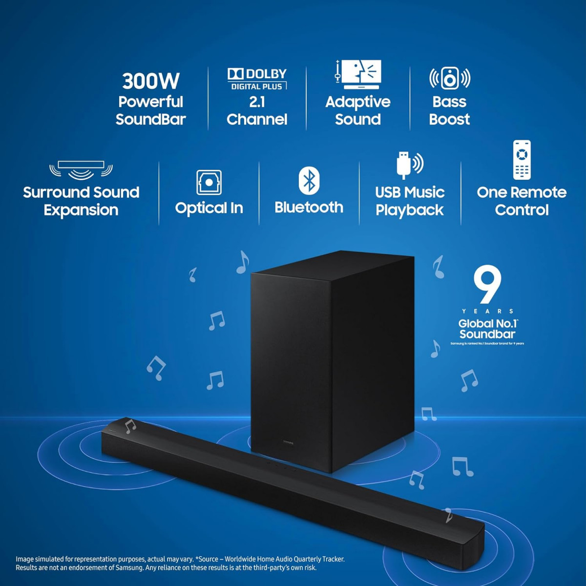 Samsung Soundbar HW-C45EXL 21 Channel 300W Dolby Digital 3 Speakers Wireless Subwoofer Bluetooth Enabled and DTS Virtual X Experience Sound Black