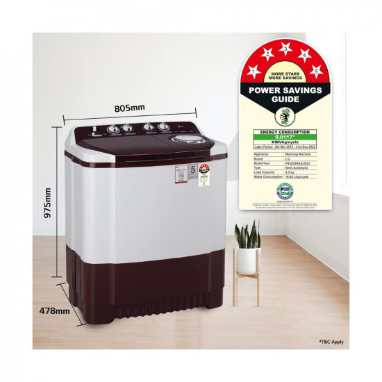 Shah LG 85 kg 5 Star Semi-Automatic Top Load Washing Machine P8530SRAZ Burgundy Roller Jet Pulsator