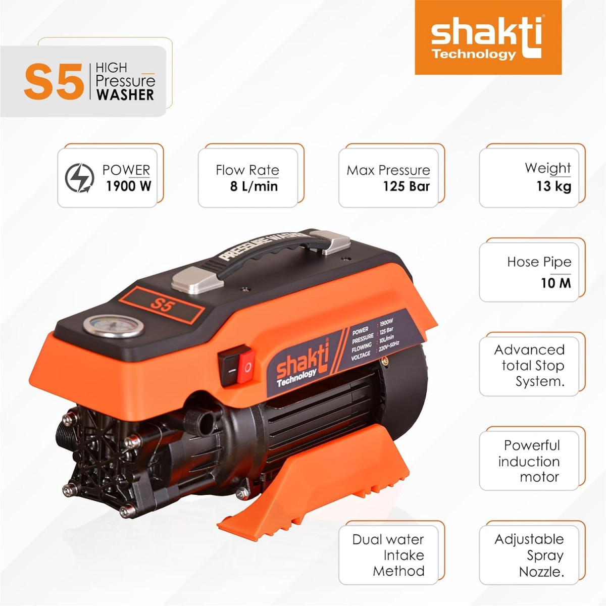 Shakti Technology S5 High Pressure Car Washer Machine 1900 Watts Pressure 125 Bar 8LMin Flow Rate and 10 Meter Hose Pipe with Professional 1L Foam Cannon Snow Lance