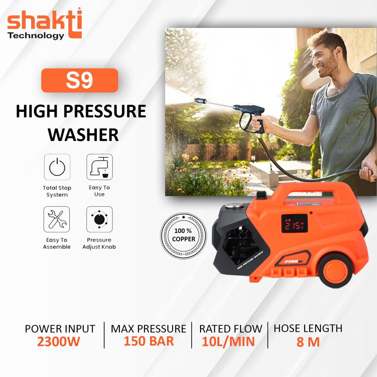 Shakti Technology S9 High Pressure Car Washer Machine with Copper Winding 2300 Watts and Pressure 150 Bar for Cleaning Car Bike  Home Digital Display