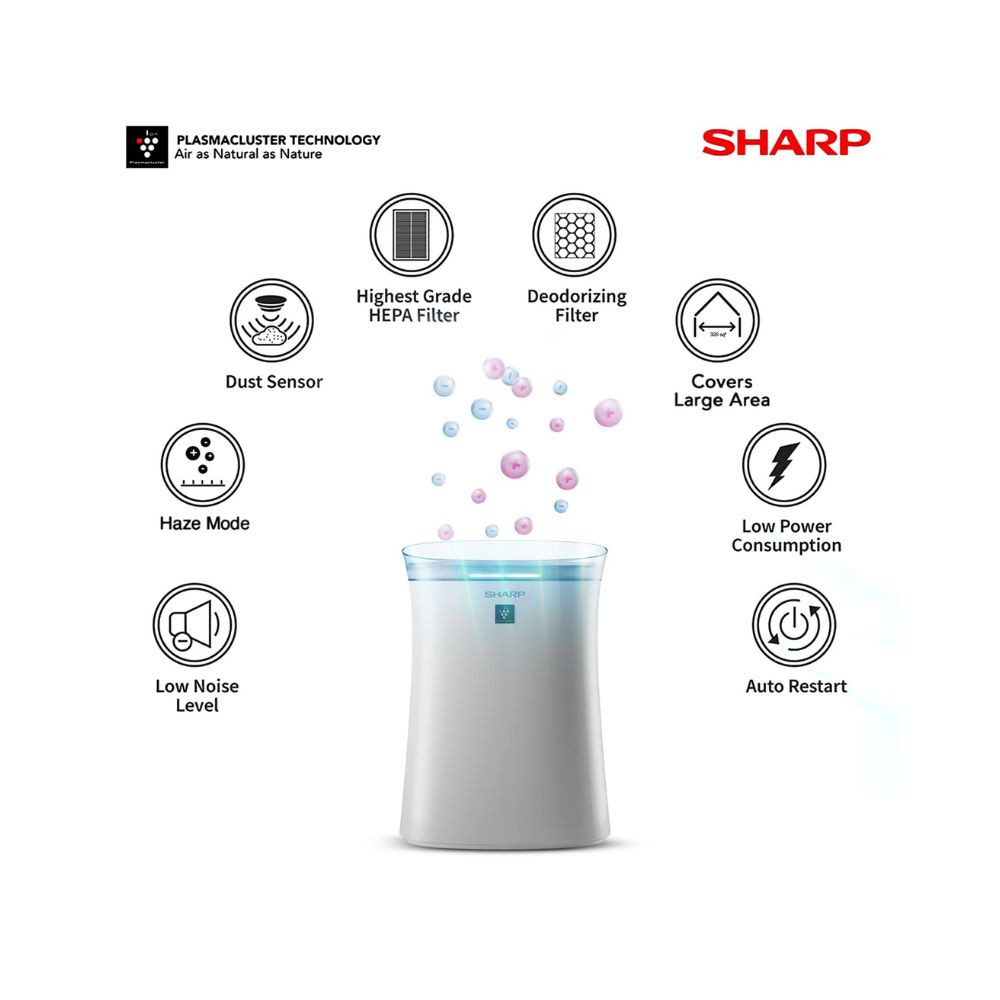 SHARP Room Air Purifier FP-F40E-W White with Plasmacluster Ion Technology Haze Mode Odour  Dust Sensor True HEPA  Deodorizing Filter Coverage Area up to 320 ft