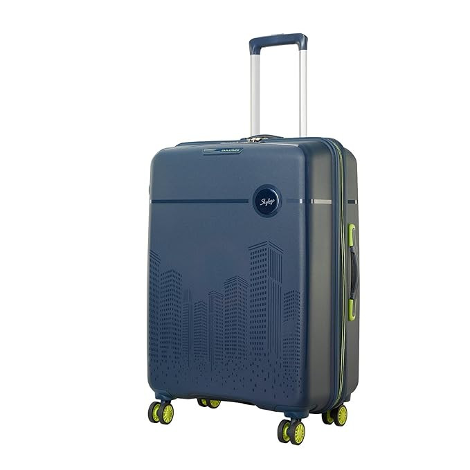 Skybags Cityscape 67Cms Polypropylene Hardsided Medium Size 8 Wheels Anti Theft Zipper Blue Suitcase