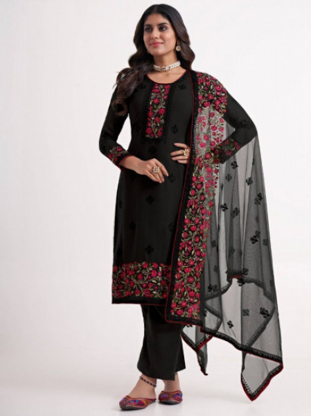 Ravishing Black Embroidered Georgette Party Wear Nayra Cut Kurti