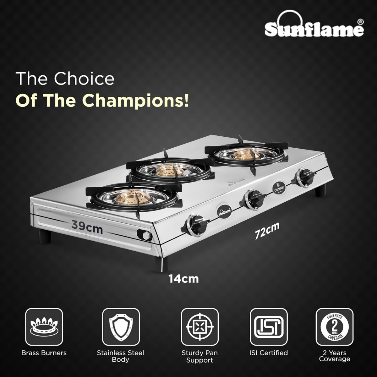 Sunflame Champion 3-Burner Gas Stove  Stainless Steel Body  2-Years Product Coverage  1 Medium and 2 Small Brass Burners Euro-Coated Pan Supports  Manual Ignition  Silver