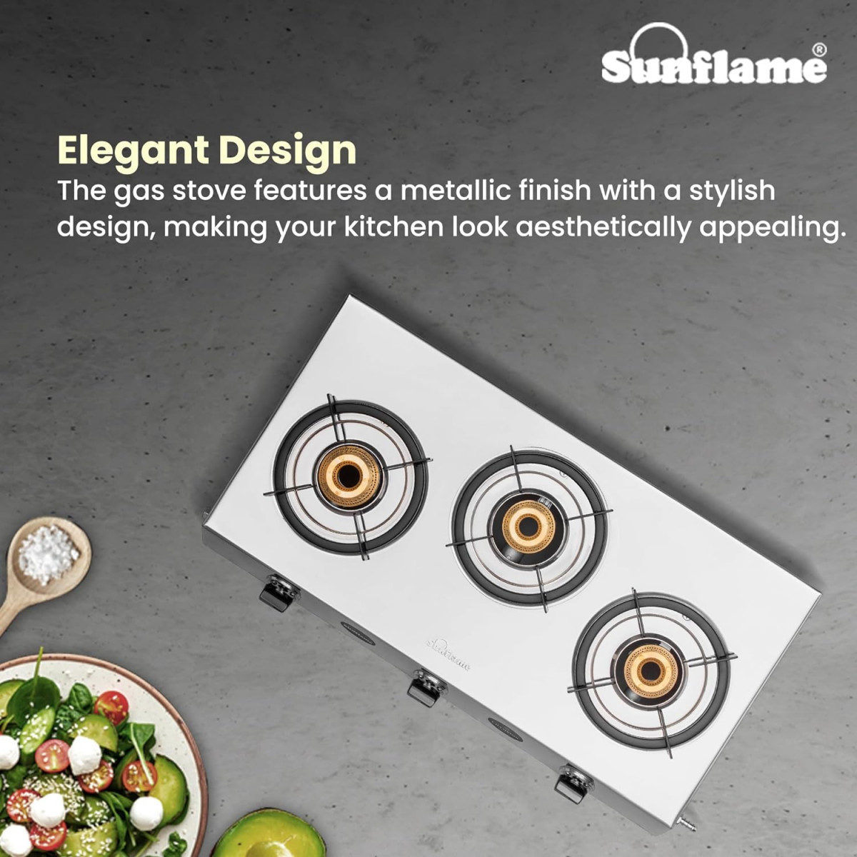 Sunflame Champion 3-Burner Gas Stove  Stainless Steel Body  2-Years Product Coverage  1 Medium and 2 Small Brass Burners Euro-Coated Pan Supports  Manual Ignition  Silver