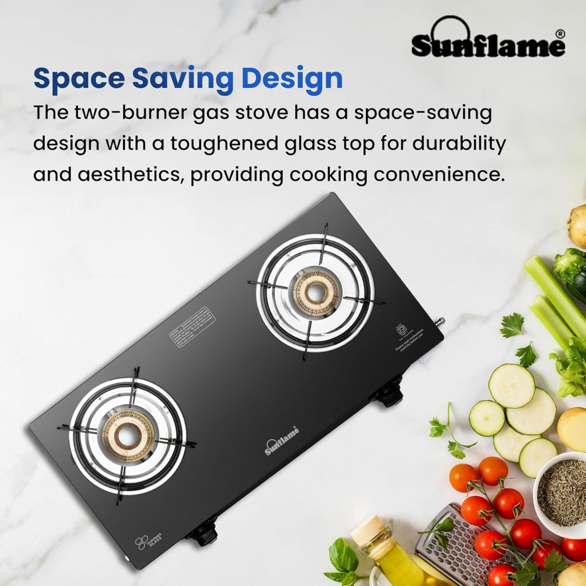 Sunflame Maleo 2 Burner Gas Stove  Space Saving Design  Complimentary Lighter  1 Medium  1 Small Brass Burners  2 Years Product Coverage  Toughened Glass Top  Pan India Presence