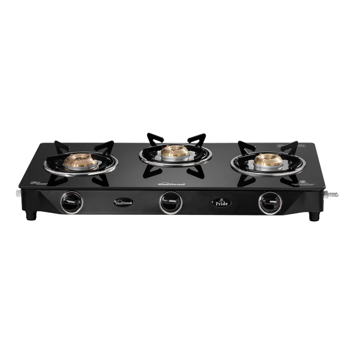 Sunflame Pride 3 Burner Gas Stove  2-Years Product Coverage  2 Small and 1 Medium Brass Burners  Ergonomic Knobs  Easy to Maintain l Toughened Glass Top  PAN India Presence  Black