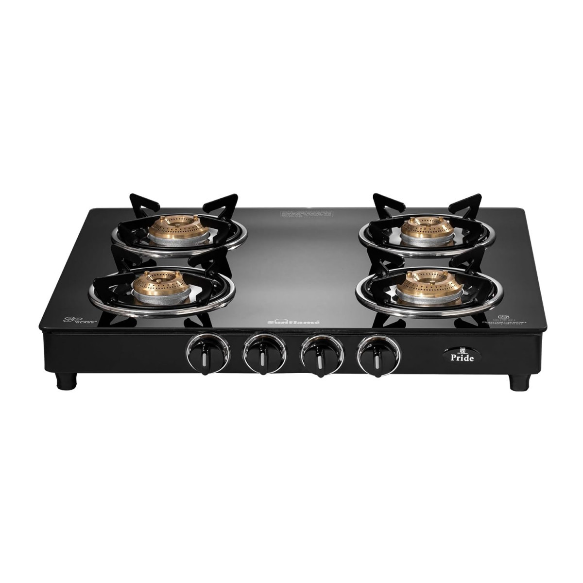 Sunflame Pride 4 Burner Gas Stove  2-Years Product Coverage  2 Medium and 2 Small Brass Burners  Ergonomic Knobs  Easy to Maintain  Toughened Glass Top  PAN India Presence  Black