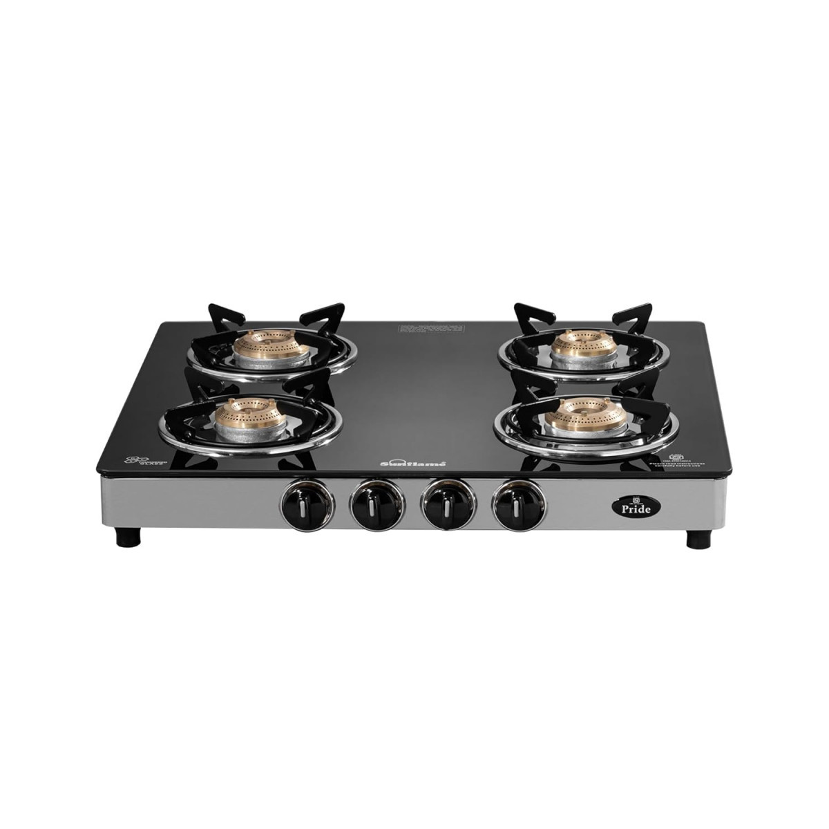 SUNFLAME Pride 4 Burner Open Gas Stove 2 Small And 2 Medium Brass Burners 2-Years Product Coverage Ergonomic Knobs Easy To Maintain L Toughened Glass Top Pan India Presence