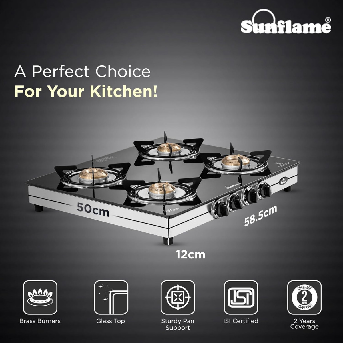 SUNFLAME Pride 4 Burner Open Gas Stove 2 Small And 2 Medium Brass Burners 2-Years Product Coverage Ergonomic Knobs Easy To Maintain L Toughened Glass Top Pan India Presence