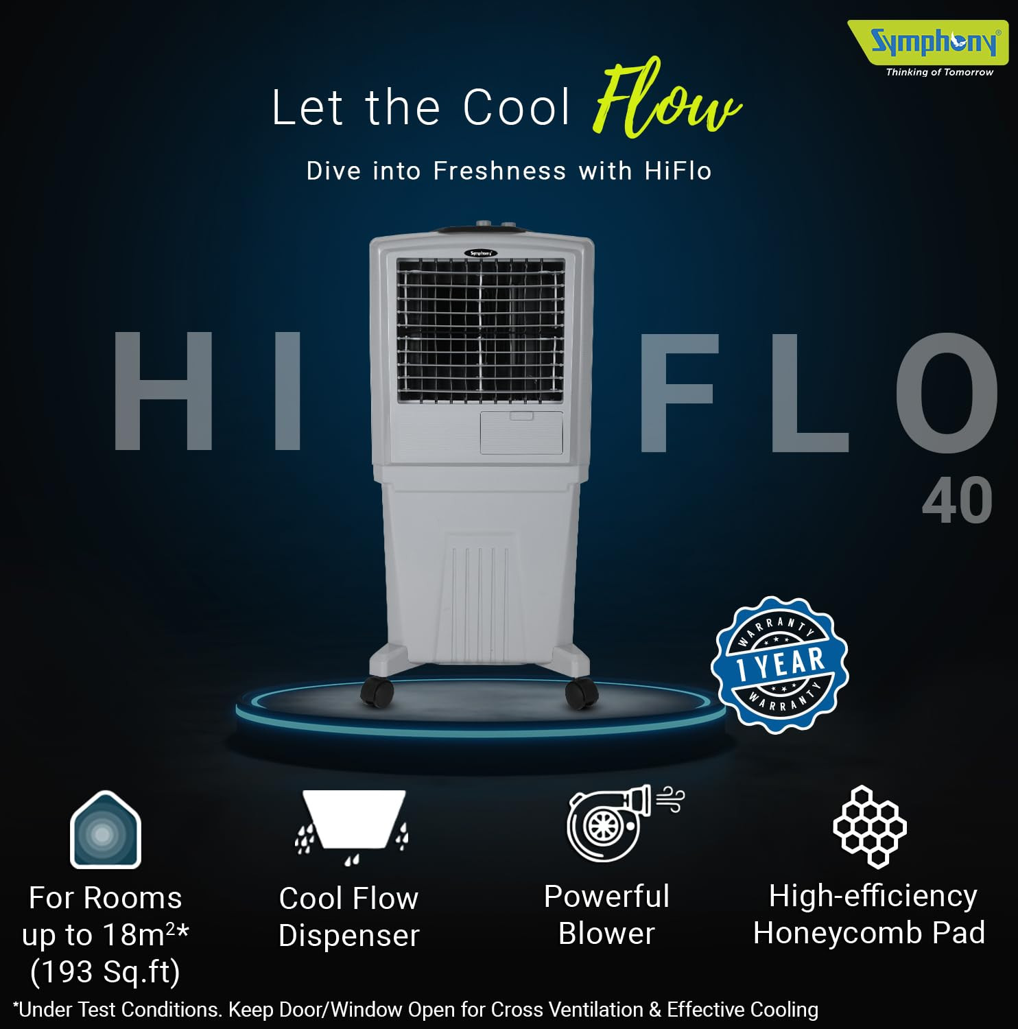 Symphony HiFlo 40 Personal Air Cooler For Home with Powerful Blower Honeycomb Pads i-Pure Technology and Low Power Consumption 40L Light Grey