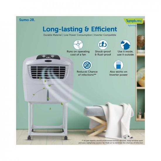 Symphony Sumo Jr Desert Air Cooler For Home with Aspen Pads Powerful Blower Cool Flow Dispenser and Free Trolley 45L Grey