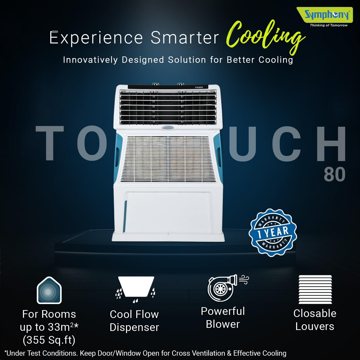 Symphony Touch 80 Personal Air Cooler For Home with 4-Side Aspen Pads Powerful Double Blowers i-Pure Technology and Closable Louvers 80L White