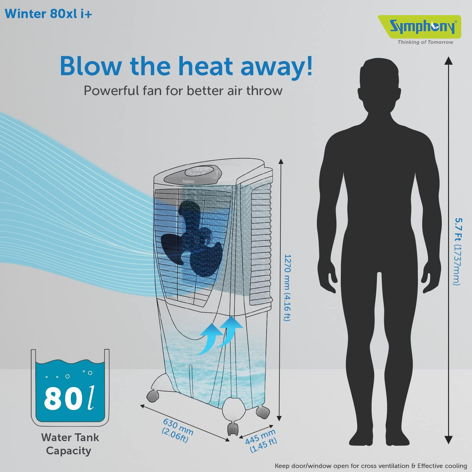 Symphony Winter 80 XL i Powerful Desert Air Cooler 80-litres with Remote Air Fan 4-Side Honeycomb Pads Whisper-Quiet Performance Grey