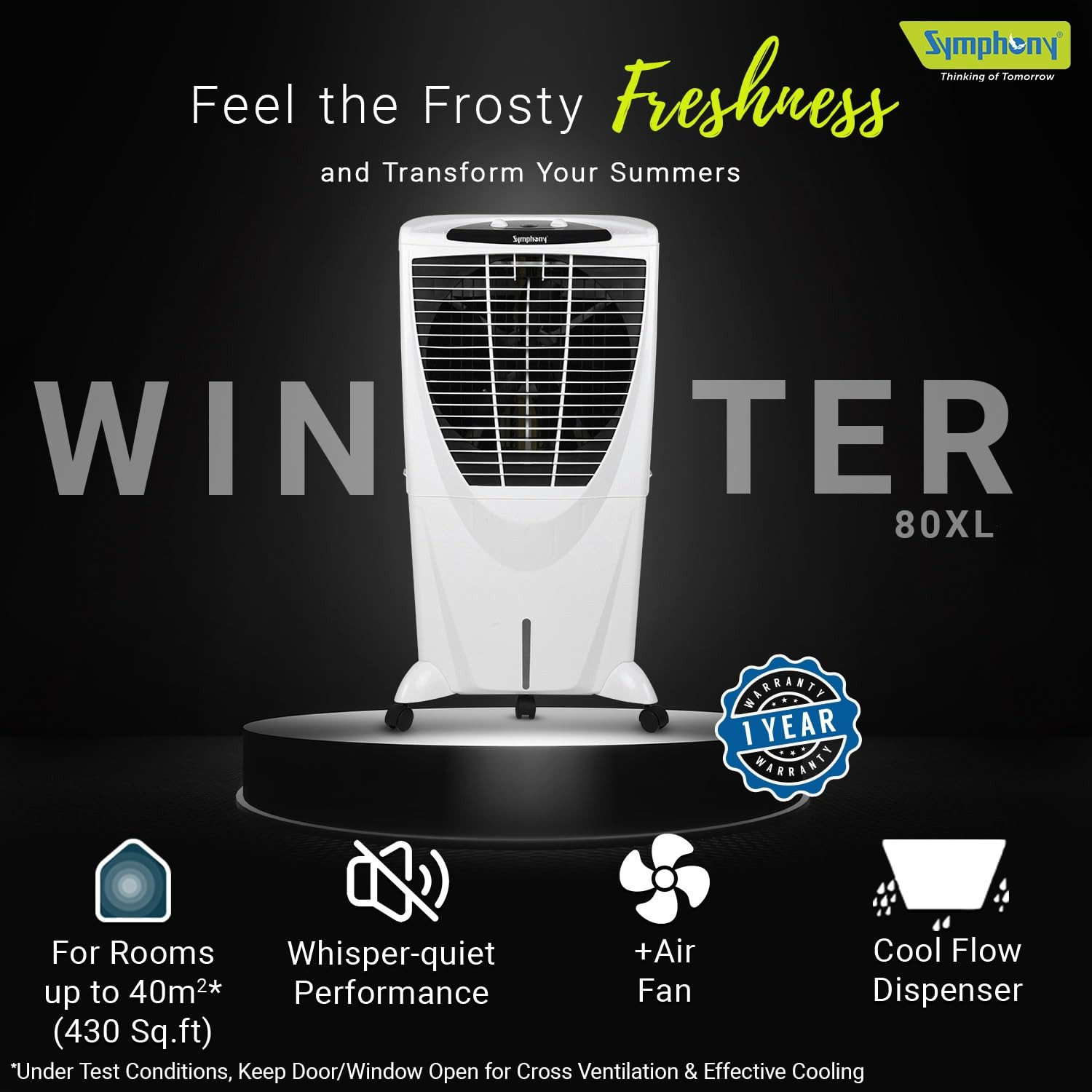 Symphony Winter 80XL 80L Air Cooler Large Room Cooler Powerful Air Flow Honeycomb Pads Low Power Consumption