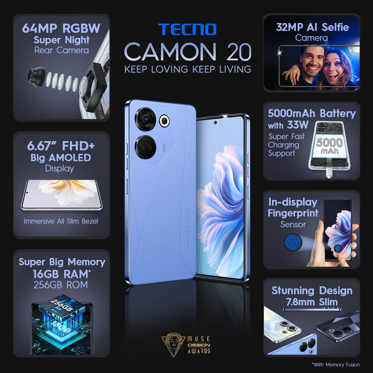 TECNO Camon 20 Art Edition 8GB RAM256GB Storage16GB Expandable RAM  64MP RGBW Rear Camera667 FHD Big AMOLED with in-Display Fingerprint Sensor