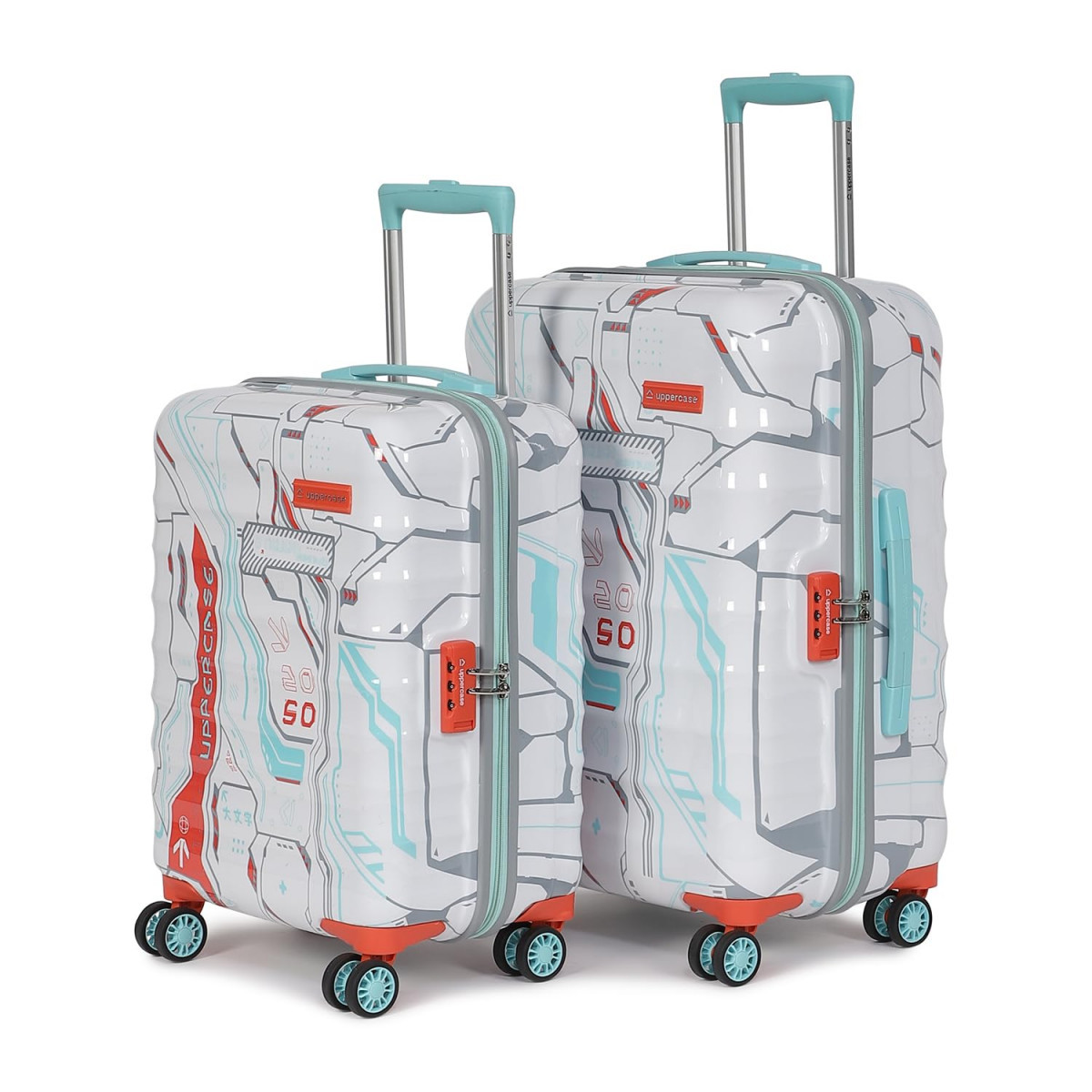 uppercase Cyber Punk Set of 2 ML Hardsided Printed Polycarbonate 8 Wheel Printed Eco Trolley Bag Travel Suitcase for Men and Women White