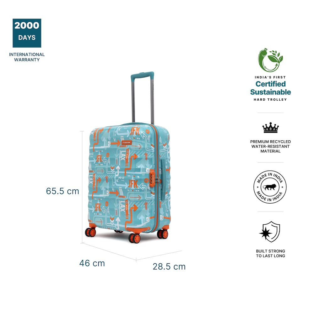 uppercase Jfk 66CmHardsided Check-In Trolley BagSustainable Eco Polycarbonate Printed Luggage8 Wheel Trolley BagSpeedWheel Suitcase For MenWomen2000 Days WarrantyTeal Blue655 Centimeters