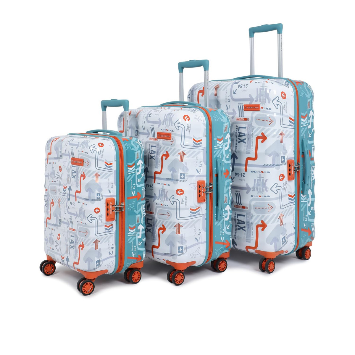 uppercase Jfk Duo Trolley Bag Set Of 3 SML Hardsided Cabin  Check-In Luggage Combination Lock 8 Wheel 2000 Days Warranty Dual Tone White  Teal Blue 31 X 53 X 755 Cm Polyester Spinner