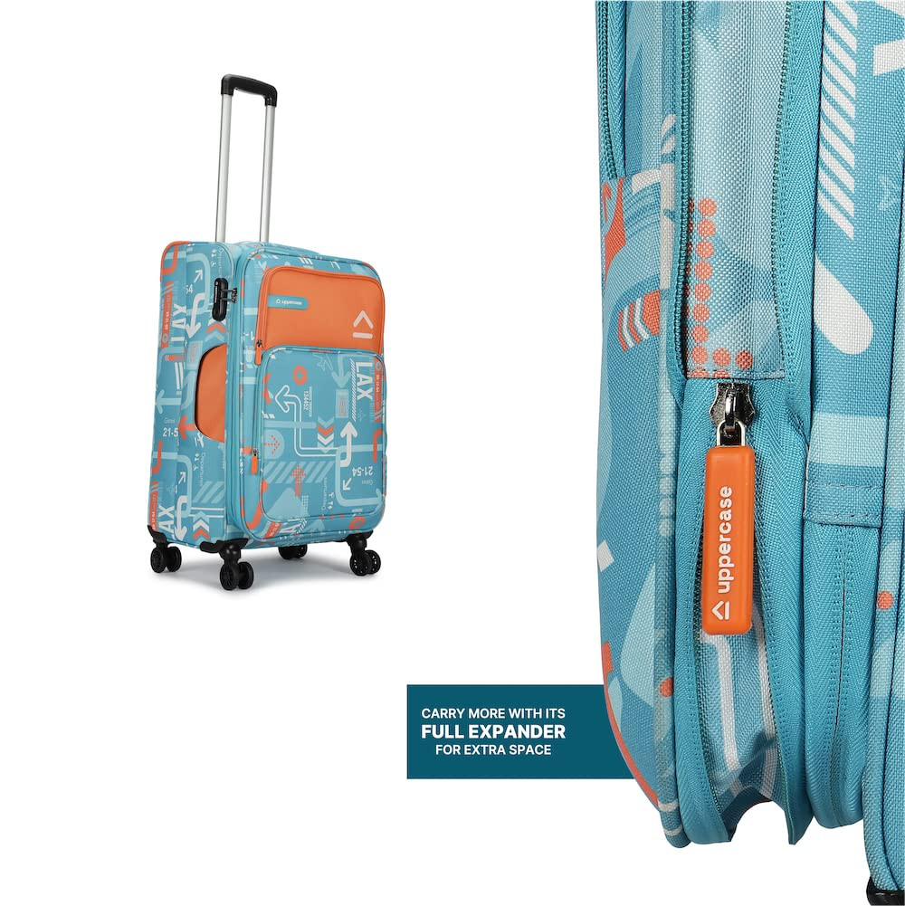 uppercase JFK Trolley Bag Set of 2 SL  Cabin  Check-in Luggage Polyester Eco-Soft Printed Luggage  Combination Lock  8 Wheel Suitcase for Men  Women 2500 Days Warranty Teal Blue
