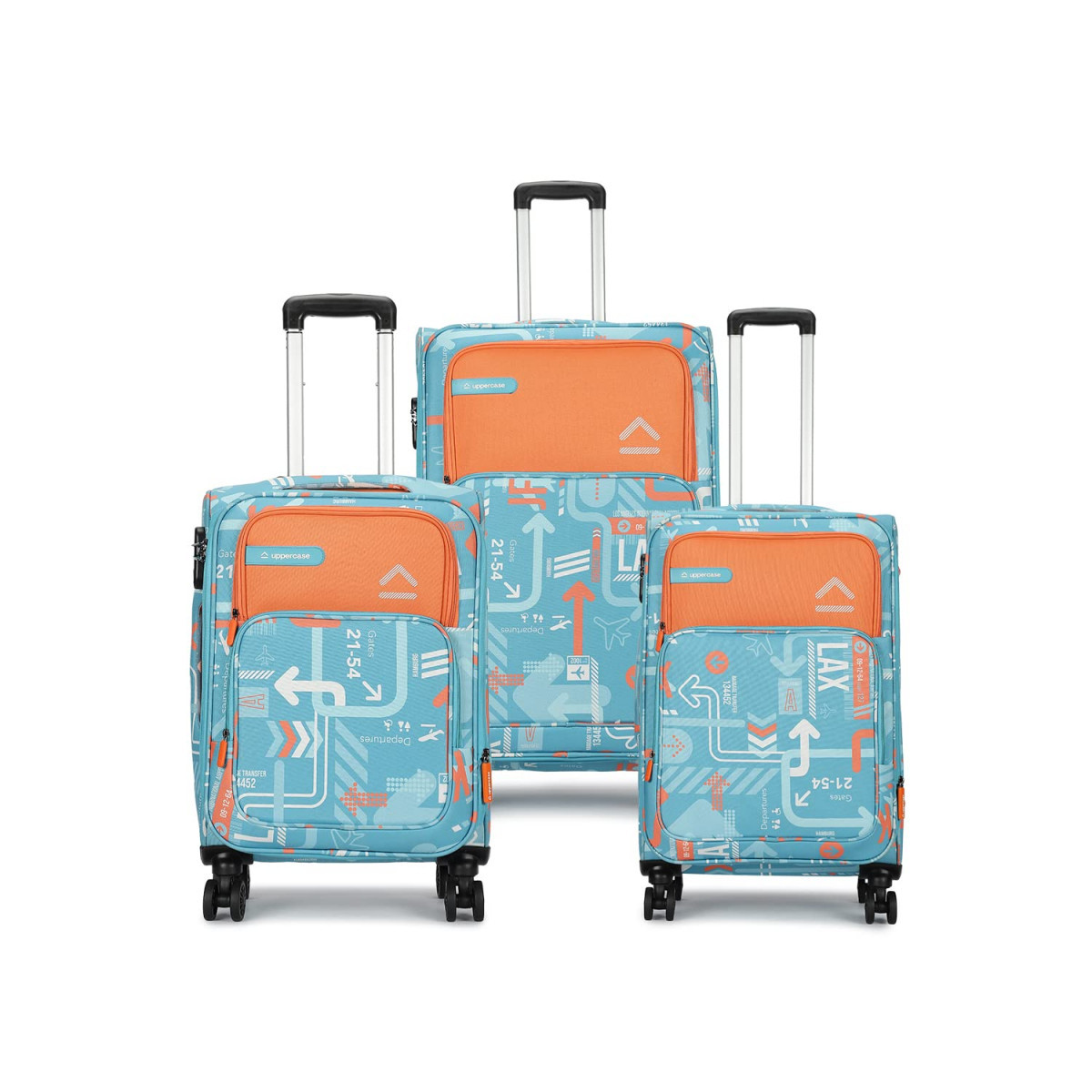 uppercase Jfk Trolley Bag Set Of 3 SML Polyester Eco-Soft Printed Luggage Cabin  Check-In Luggage Combination Lock 8 Wheel Suitcase For Unisex 2500 Days Warranty Teal Blue Spinner