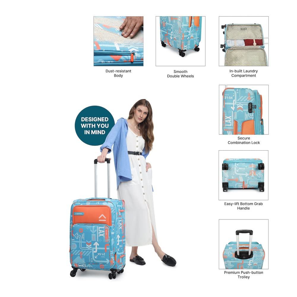 uppercase Jfk Trolley Bag Set Of 3 SML Polyester Eco-Soft Printed Luggage Cabin  Check-In Luggage Combination Lock 8 Wheel Suitcase For Unisex 2500 Days Warranty Teal Blue Spinner