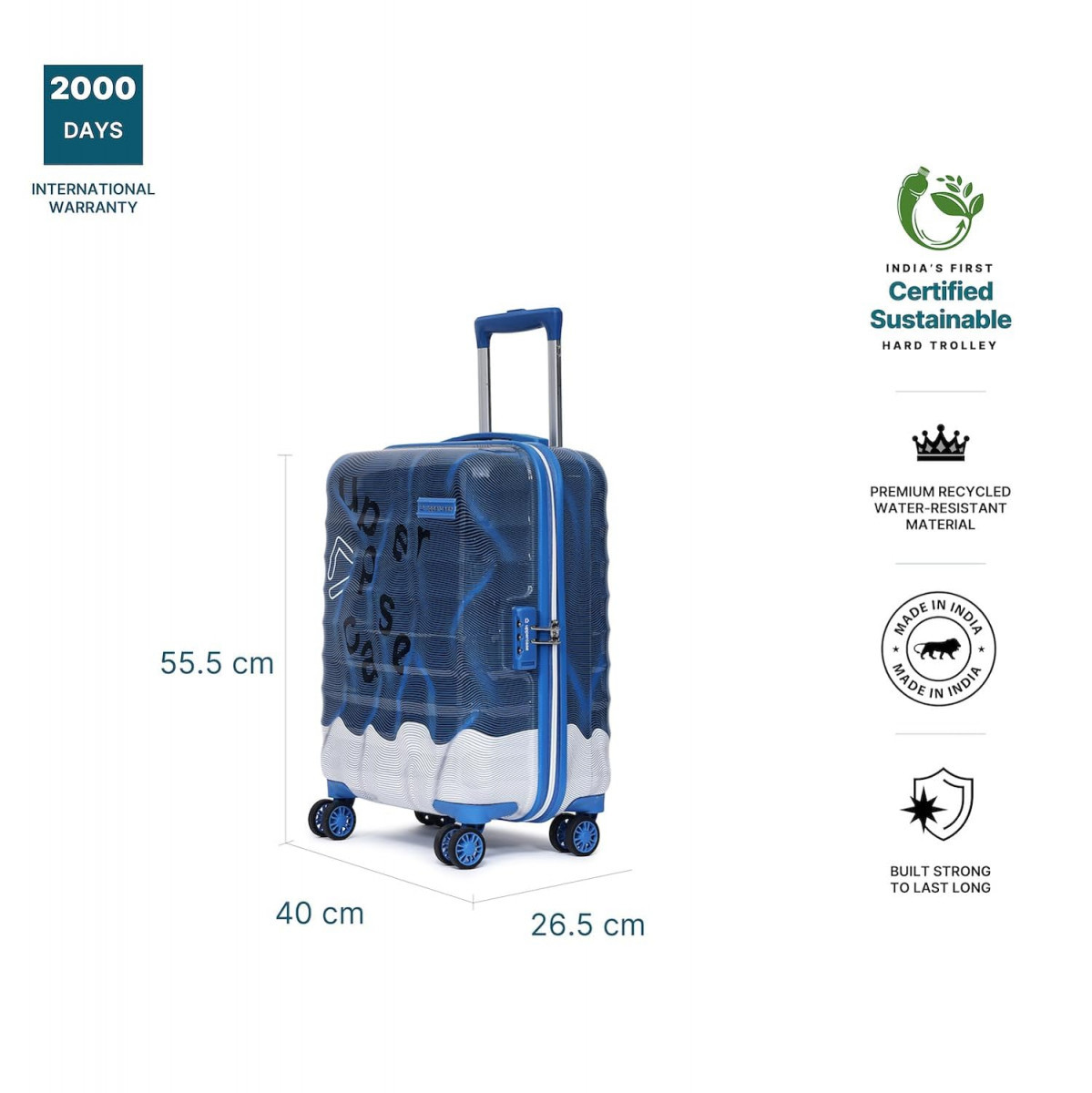 uppercase Ripple 56CmsCabin Trolley BagHardsided Polycarbonate Printed LuggageCombination LockSustainable 8 Wheel SpeedWheel Suitcase For Men And Women2000 Days WarrantyBlue555 Centimeters