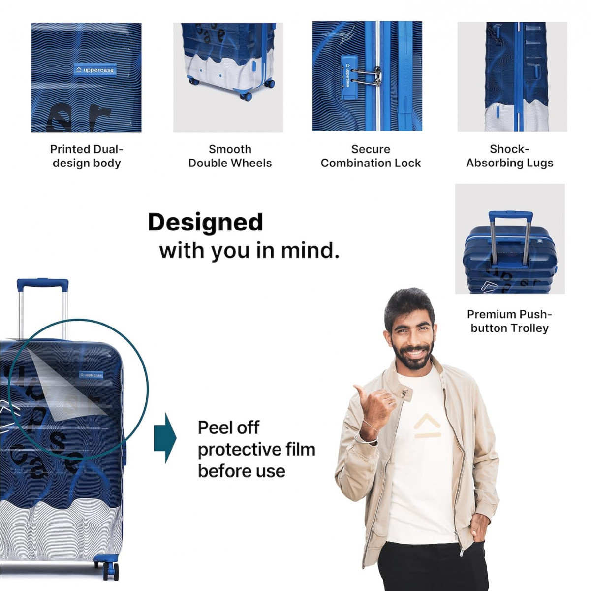 uppercase Ripple Trolley Bag Set Of 2 ML Check-In Trolley Bag Hardsided Polycarbonate Printed Luggage 8 Wheel Suitcase Unisex 2000 Days Warranty Blue 31 X 53 X 755 Cm Spinner