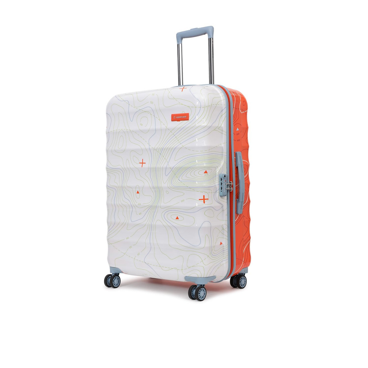 uppercase Topo Medium 66 Cms Printed Hardsided Check-In Trolley Bag 8 Wheel Spinner Sustainable Luggage With Tsa Lock  Anti-Theft Zippers 2000 Days Warranty Dual Tone Orange  White