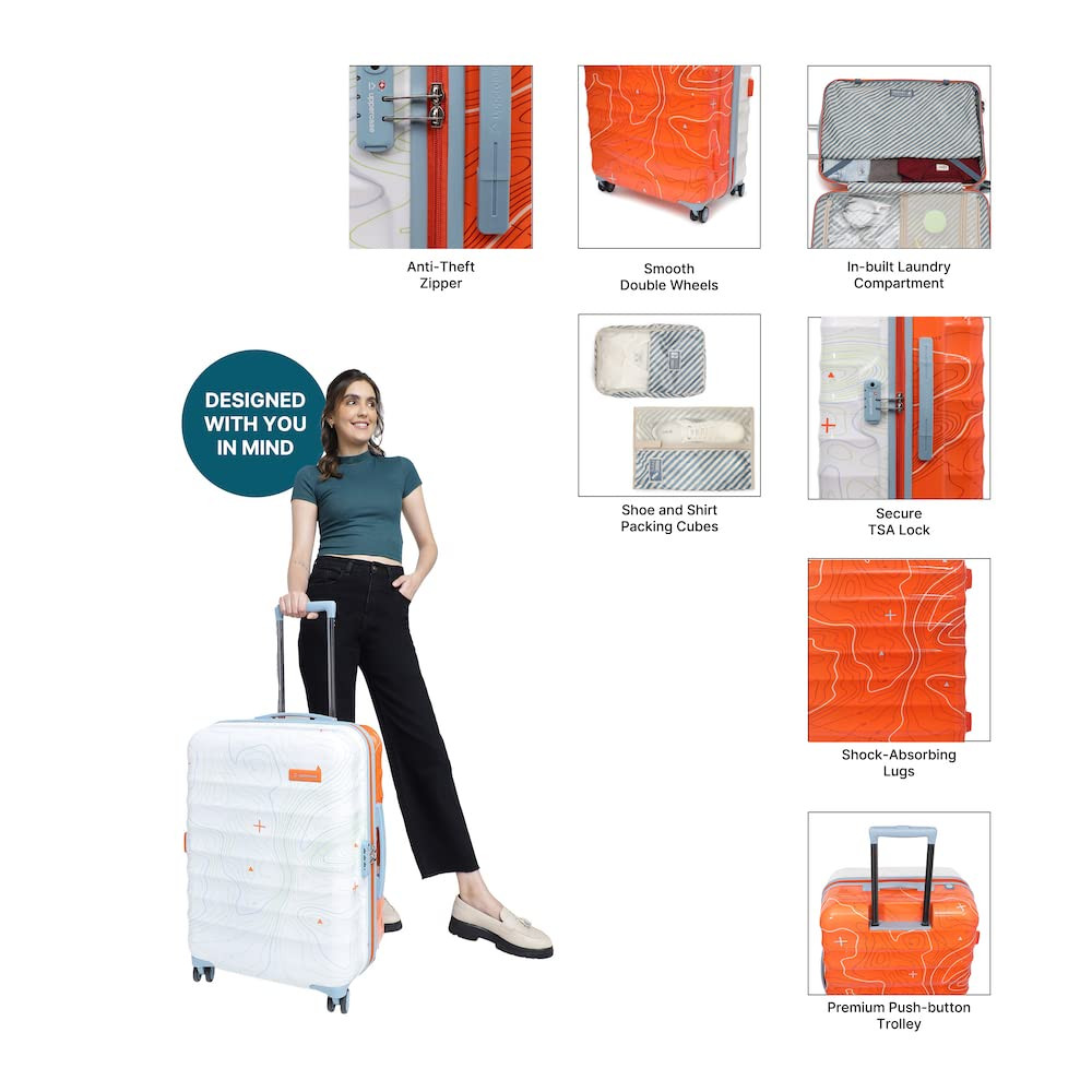 uppercase Topo Medium 66 Cms Printed Hardsided Check-In Trolley Bag 8 Wheel Spinner Sustainable Luggage With Tsa Lock  Anti-Theft Zippers 2000 Days Warranty Dual Tone Orange  White