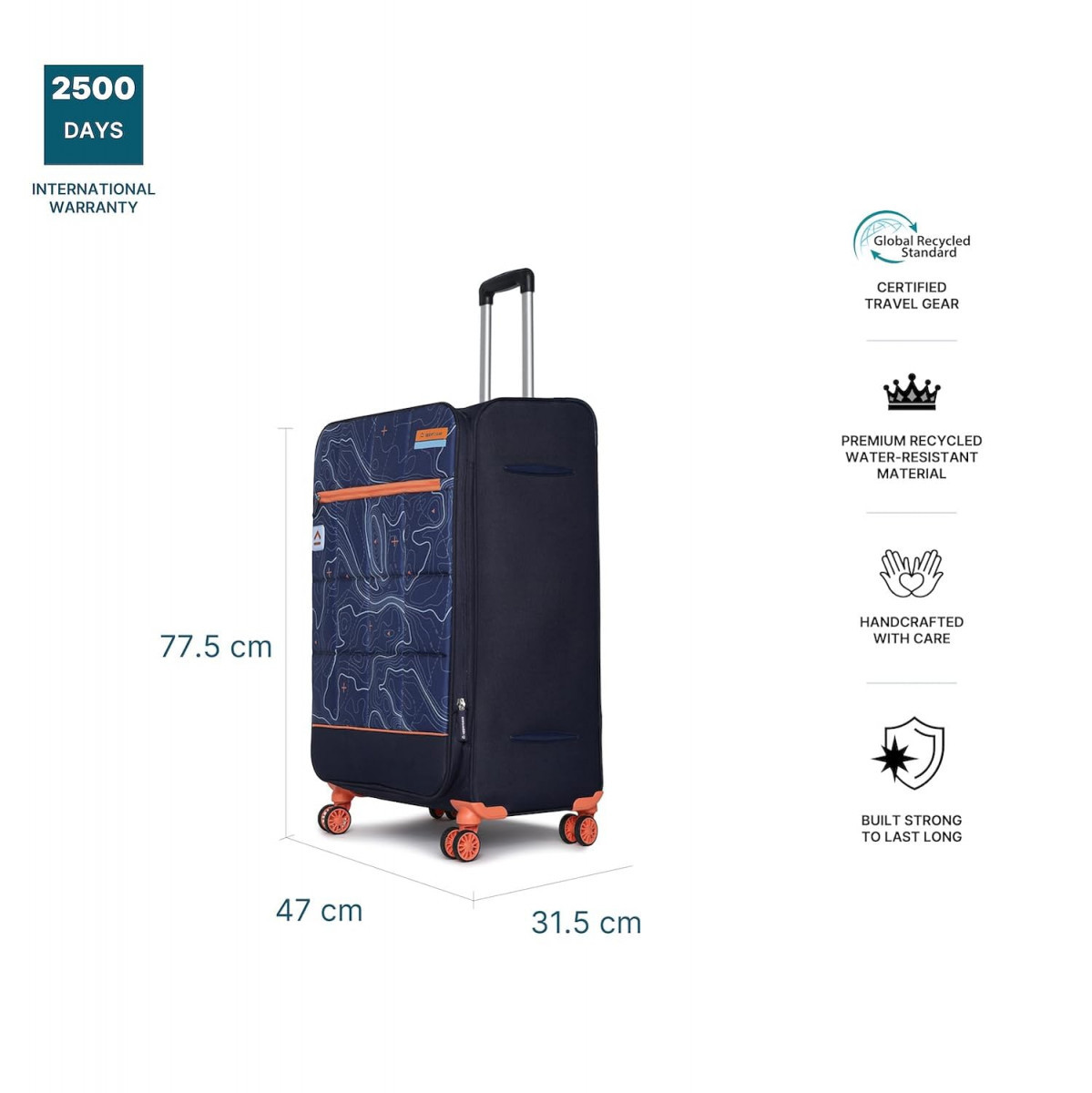 uppercase TopoliteLarge  76cms Soft Check-in Trolley Bag Dust Resistant Eco-Soft Printed Luggage  Combination Lock  Sustainable 8 Wheel Suitcase for Men  Women  2500 Days Warranty Blue