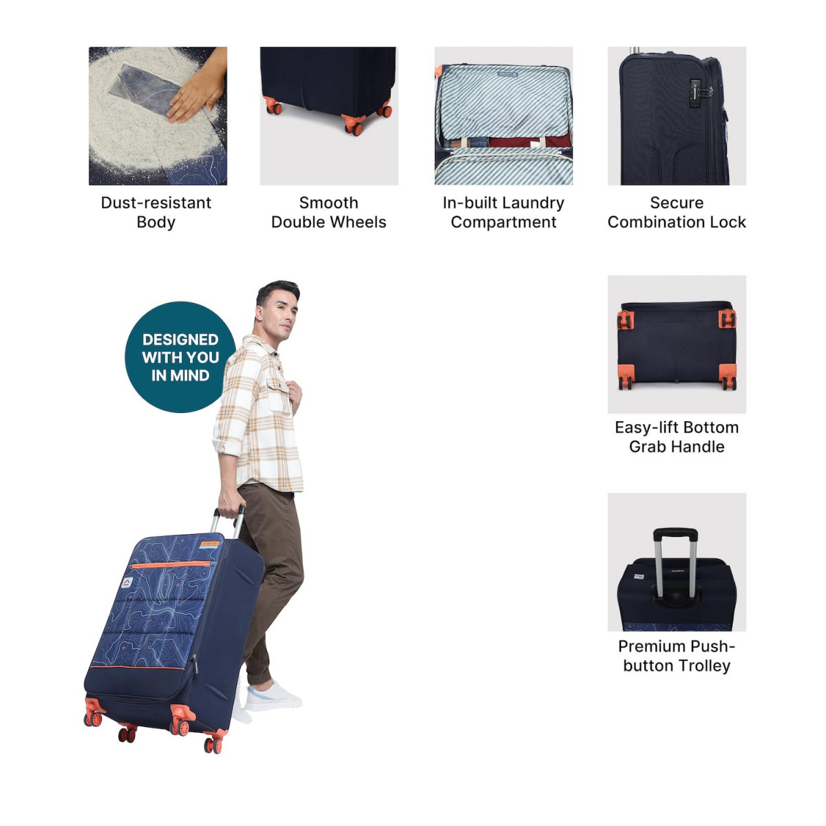 uppercase TopoliteLarge  76cms Soft Check-in Trolley Bag Dust Resistant Eco-Soft Printed Luggage  Combination Lock  Sustainable 8 Wheel Suitcase for Men  Women  2500 Days Warranty Blue