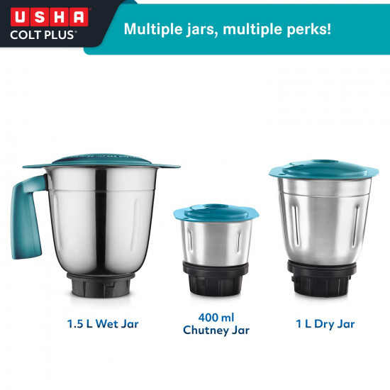 Usha Colt Plus MG 3772 750-Watt Copper Motor Mixer Grinder with 3 Jars and 2 Years Product Warranty  5 Years Motor Warranty Green