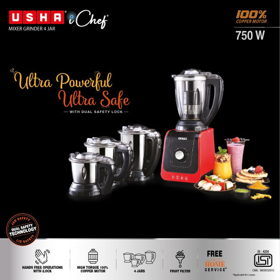 USHA ICHEF 750 Watt Copper Motor Mixer Grinder with 3 SS Jars  Translucent blender PC Jar with fruit filter Hands Free operation with Dual Safety Lock 2 Yr Product  5 Yrs Motor WarrantyRedBlack