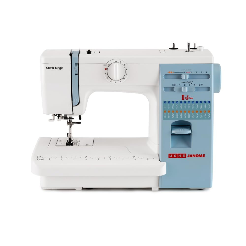 Usha Janome Stitch Magic Automatic Zig-Zag Electric Sewing Machine  23 Built-In-Stitches  57 Stitch FunctionWhite And Blue with complementary Sewing Lessons in Nine languages