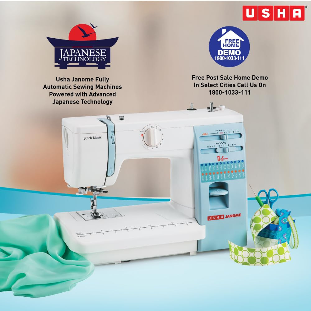 Usha Janome Stitch Magic Automatic Zig-Zag Electric Sewing Machine  23 Built-In-Stitches  57 Stitch FunctionWhite And Blue with complementary Sewing Lessons in Nine languages