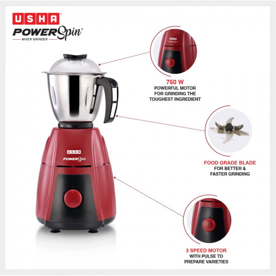 Usha Powerspin 750 Watt Mixer Grinder 3 Stainless Steel Jars with handle Maroon  Black  Powerful 100 copper motor with 2 years Product Warranty  5 Years Motor WarrantyISI Certified