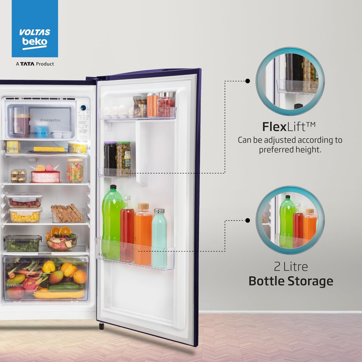 Voltas Beko A TATA Product 173 L 3 star Made-In-India Direct Cool Refrigerator RDC205C  S0PBE0M0000GO Peony Blue