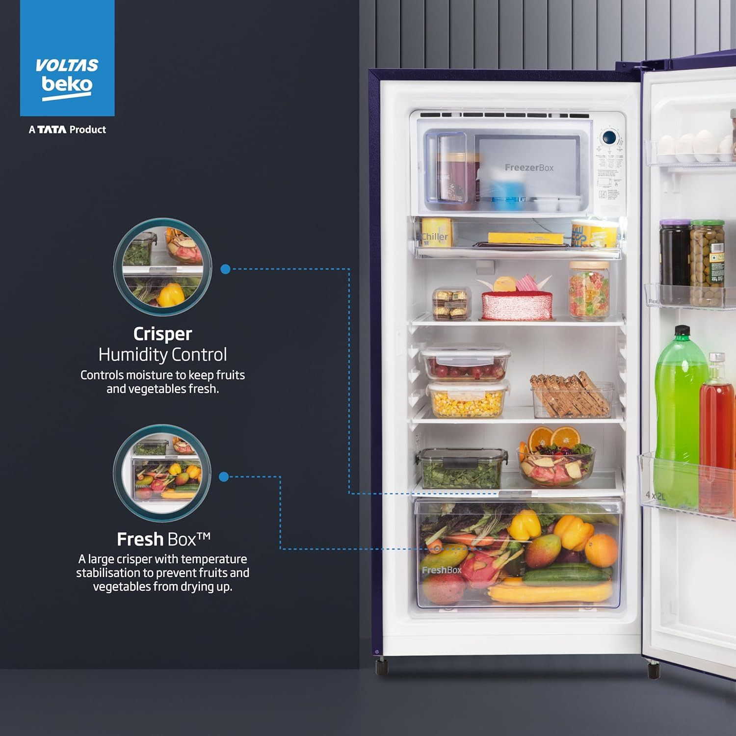 Voltas Beko A Tata Product 183 L 3 Star Direct Cool Single Door Refrigerator 2024 Model RDC215CS0BFR0M0000GO Fressia Blue With Fresh Box Technology and Chiller Zone