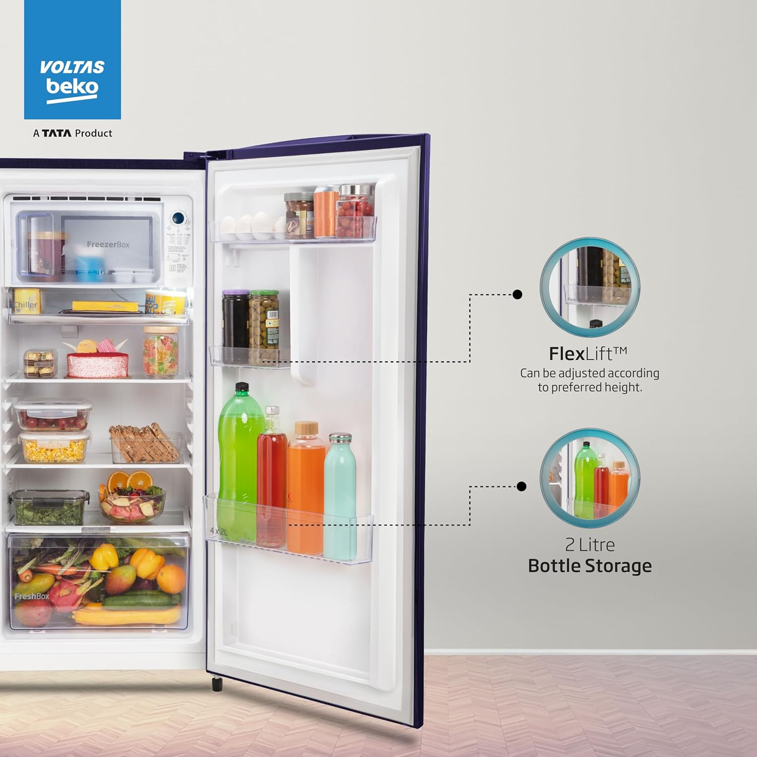 Voltas Beko A Tata Product 183 L 3 Star Direct Cool Single Door Refrigerator 2024 Model RDC215CS0BFR0M0000GO Fressia Blue With Fresh Box Technology and Chiller Zone