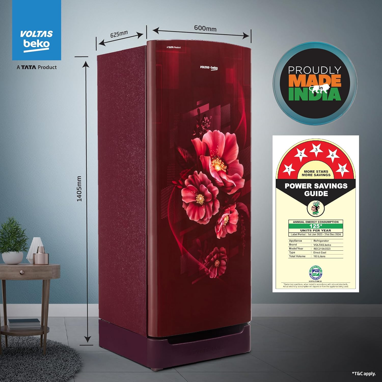 Voltas Beko A TATA Product 183 L 5 Star Direct Cool Single Door Refrigerator 2024 Model RDC215AW0BWRTM0B00GO Bonita Wine Fresh Box and Quick Freeze Technology with Base Drawer