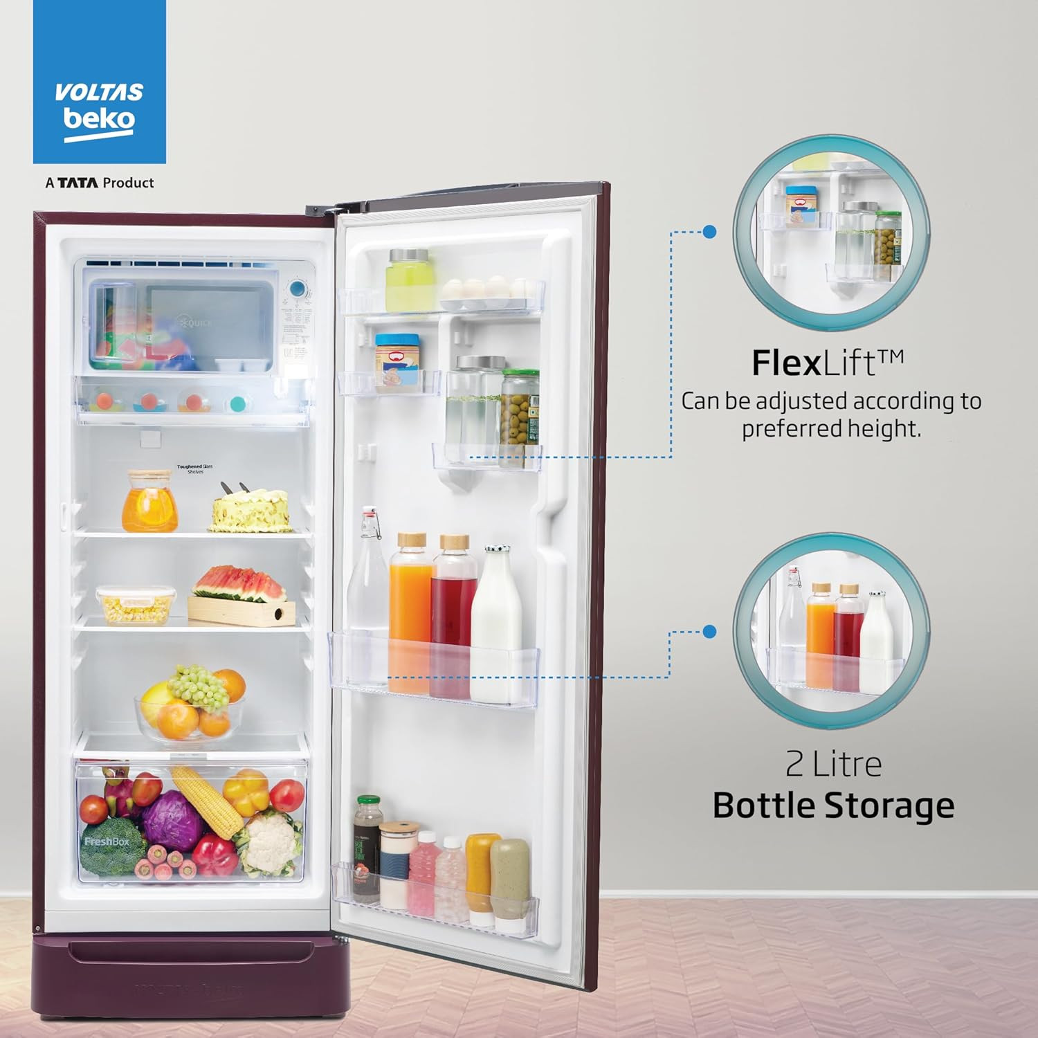 Voltas Beko A Tata Product 208 L 3 Star Direct Cool Single Door Refrigerator 2024 Model RDC240CW0BWR0M0B00GO Bonita Wine With Fresh Box Technology Chiller Zone and Base Drawer