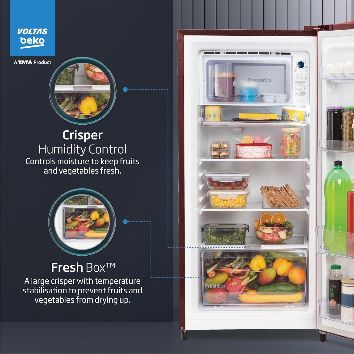 Voltas Beko A Tata Product 210 L 3 star Made-in-India Direct cool Refrigerator RDC245C  W0DWE0M000UGD Dahlia Wine