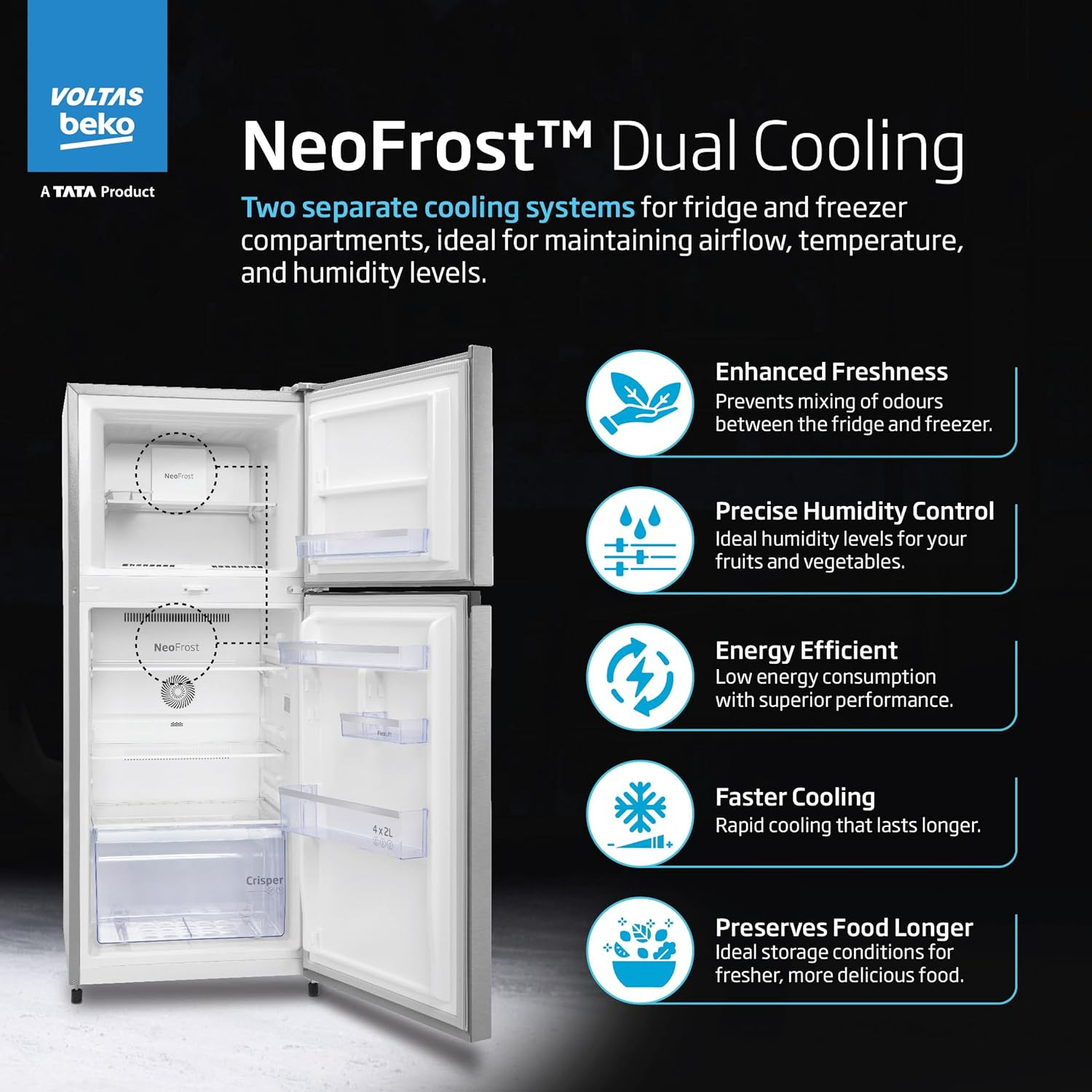 Voltas Beko A Tata Product 228 L 2-Star Made in India Double Door Frost Free Refrigerator with Neo Frost Dual Cooling Technology RFF265DW0XIR0I0000GO Brushed Silver